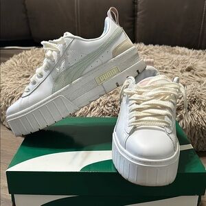 Puma Mayze Luxe White and Cream Platform Sneakers sz 39